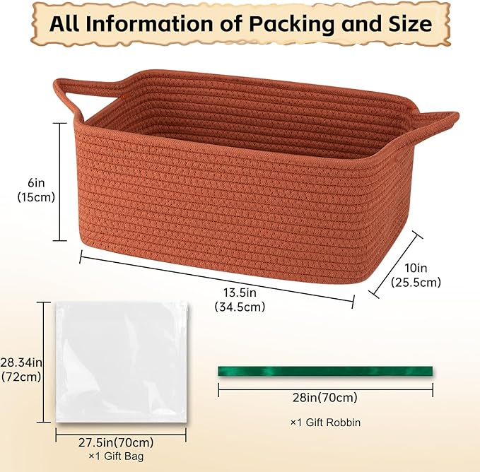 OIAHOMY Woven Basket, Gift Basket Empty with Gift Bags and Ribbons, Rope Baskets for Baby Showers, Storage Baskets with Handles for Nursery, Pet Toy Organizer - Rust Red