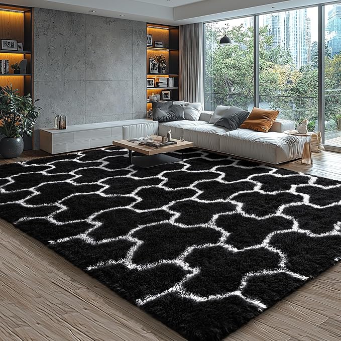 EVOIONOS 7x10 Washable Large Area Rug for Living Room, Black and White Geometric Pattern Fluffy Shag Rug for Bedroom, Ultra Soft Plush Non Slip Carpet for Indoor Floor Nursery Kid Home Decor Aesthetic