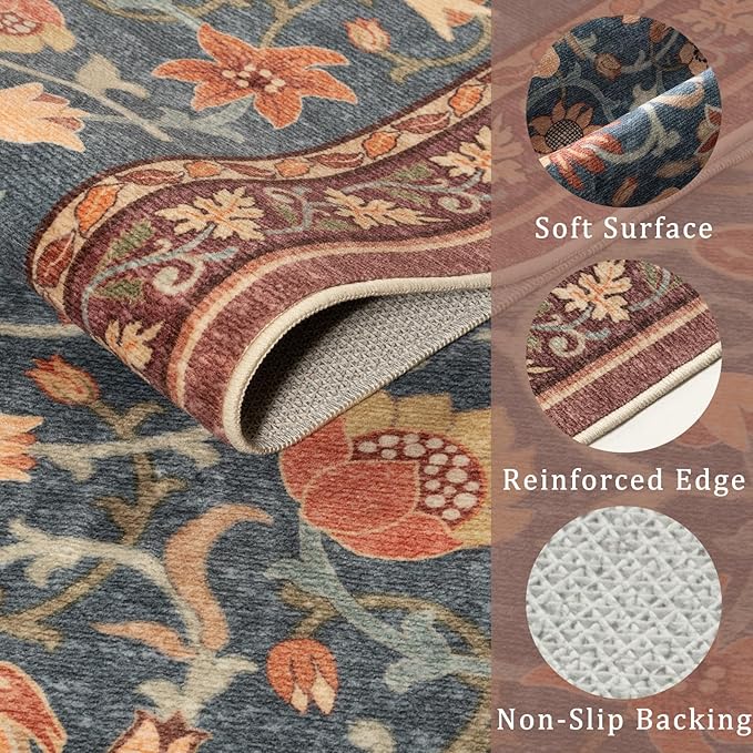 Anidaroel Floral Living Room Rugs 5x7, Washable Large Area Rugs for Bedroom Non Slip Soft Rug, Low Pile Stain-Resistant Dining Room Mat Boho Carpet for Farmhouse Home Office Dorm, Blue&Red
