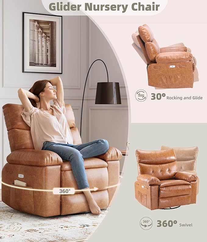 GarveeHome Oversized Power Rocker Swivel Recliner Chair - Heat and Massage, PU Leather Electric Glider Rocking Chair with USB Port, Glider Recliner Nursery Chair for Living Room, Bedroom, Nursery