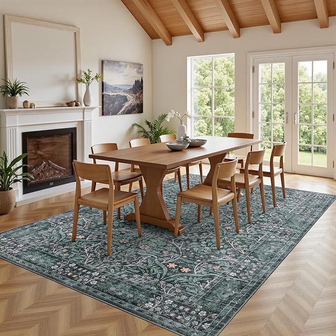 Retro Green Area Rug 6x9 Machine Washable Rug for Living Room,Entryway Bedroom Farmhouse Nursery Home Office，Low Pile Stain & Slip Resistant Large Dark Green Carpet for Bedroom