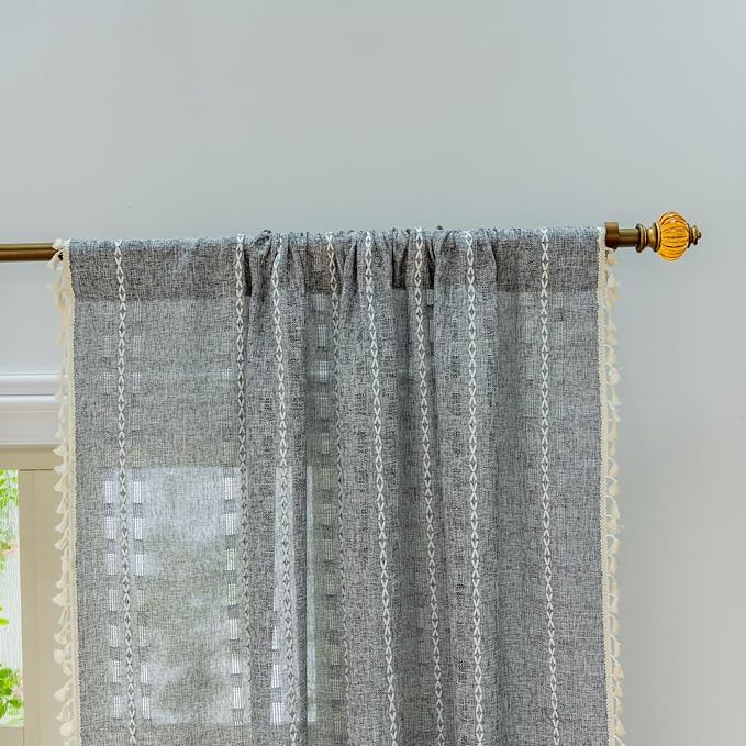 Deeprove Charcoal Grey Boho Curtain 72 inches Length for Living Room Bedroom Nursery, Bohemian 72 inches Long, Geometric Stripe Embroidery Privacy Window Tassel Decorative W52 x L72, 1 Panel