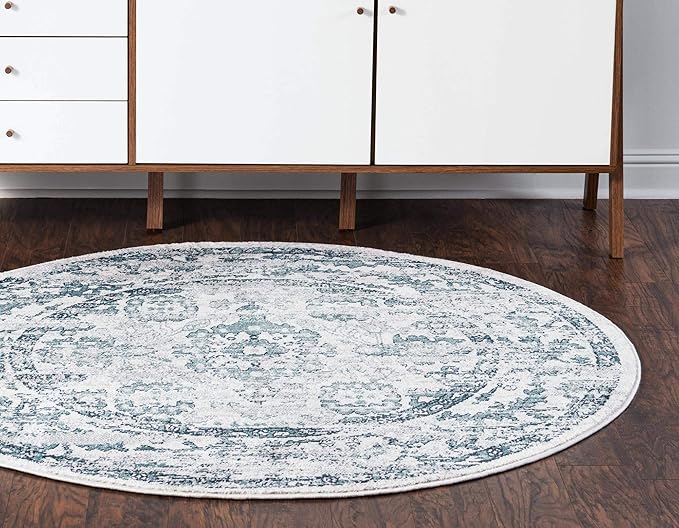 Rugs.com Charleston Collection Rug – 5 Ft Round Ivory Low-Pile Rug Perfect for Kitchens, Dining Rooms
