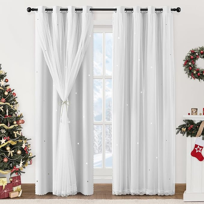 XiDi White Curtains for Girls Bedroom 84 Inches Long Blackout Nursery Curtains Double Layer with Sheer Overlay for Kids Toddler Princess Room Grommet Privacy Room Darkening Window Drapes 34 x 84 Inch