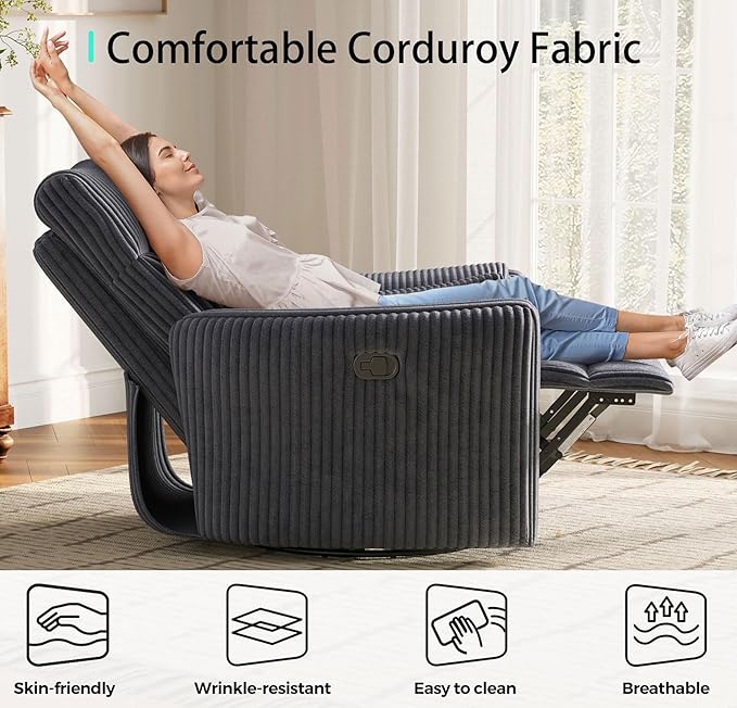 LINSY 360 Swivel Nursery Recliner - Corduroy Glider Rocking Chair with 2 Pillows, Comfy High Back Adult Recliner for Small Spaces, Nursery Bedroom Living Room Reclining Chairs, Gray