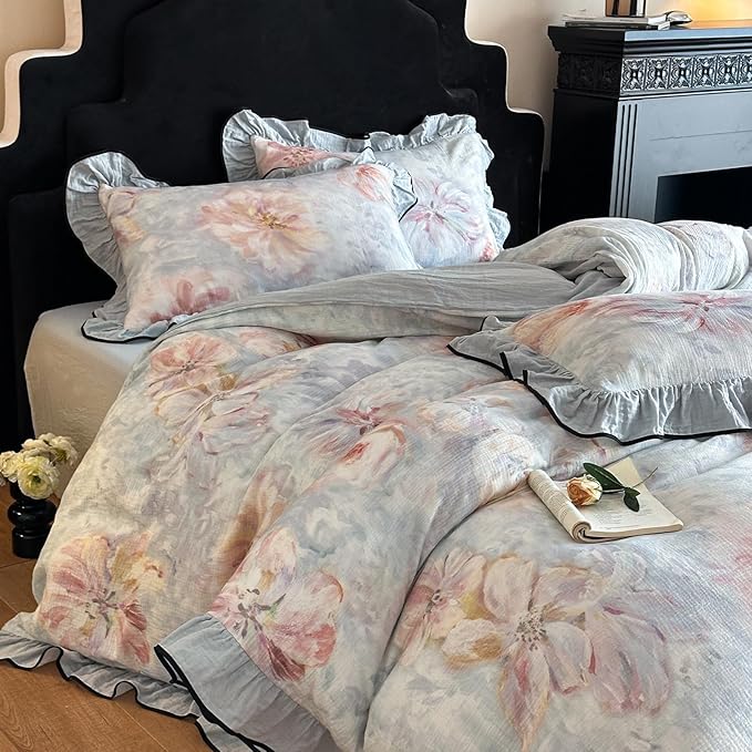 HighBuy Linen Cotton Duvet Cover Full,Blue Ruffle Bedding French Style Floral Print,Yarn-Dyed Textured Duvet Cover Set Blush Flower Shabby Chic Bedding Comforter Cover Set，Soft and Breathable