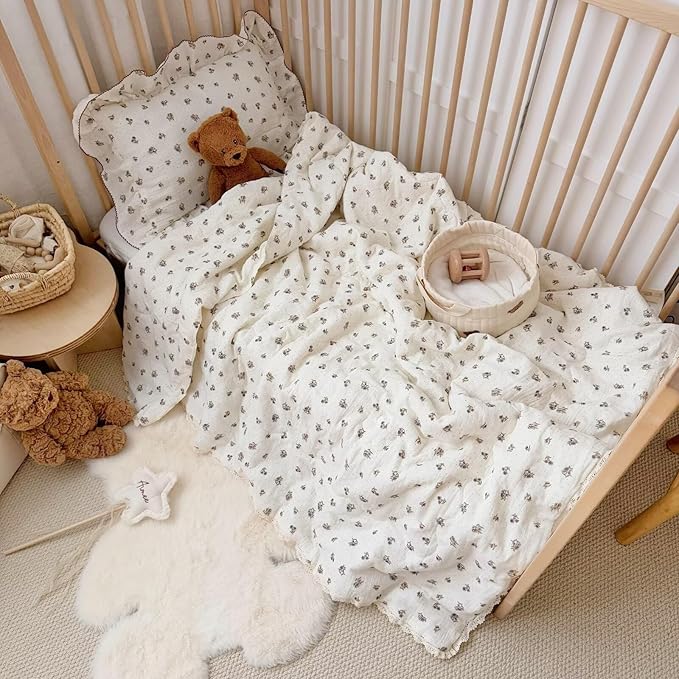 BuLuTu Pansy Flower Pattern Toddler Quilt Crib Size, Muslin Cotton Kids Comforter with Lace Edges, Chic Shabby Floral Print Toddler Bed Blanket, Nursery Decor, 47x59 Inches