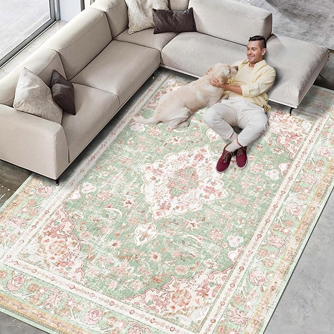 Vhong Washable Area Rugs Boho Vintage Modern Neutral Large Carpet Green and Pink High Traffic Rugs 8×10 for Dinning Room Living Room Bedroom Farmhouse Non Slip