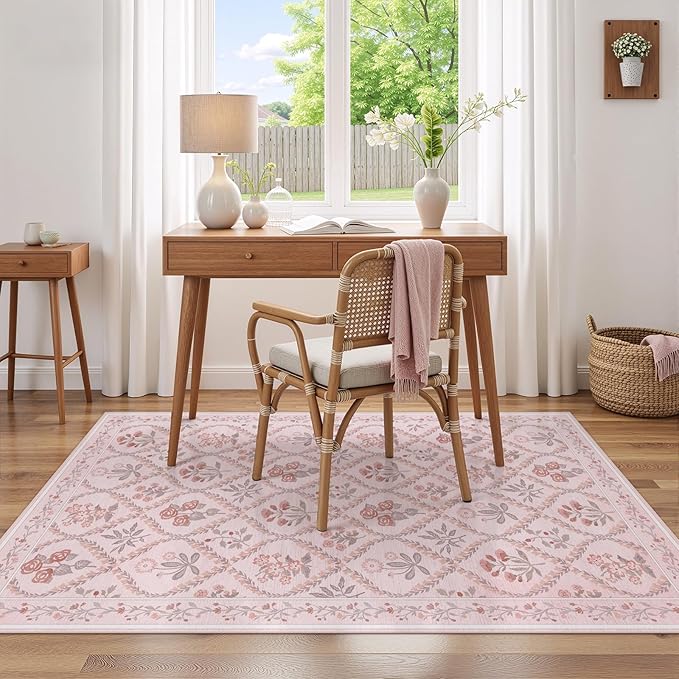 3x5 Nursery Rug, Boho Pink Floral Area Rugs Machine Washable, Soft Ultra-Thin Low-Pile Carpet Non Slip for Girls Room Bedroom Entryway Playroom Living Room, Pink Multi