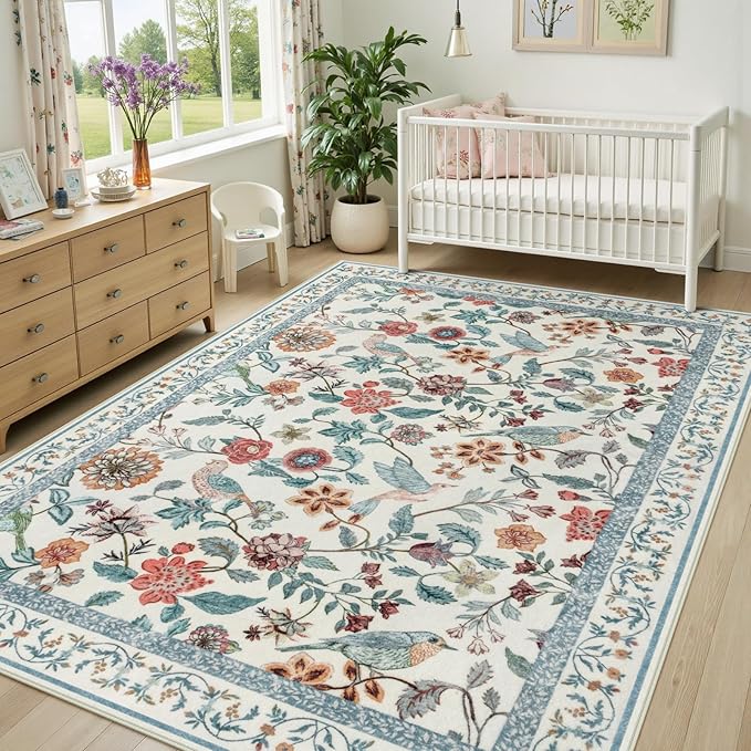 Blue Floral 5x7 Area Rug, Washable Non-Slip Boho Rugs for Living Room Low Pile Flower Birds Bedroom Rug, Soft Non-Shedding Botanical Indoor Carpet for Nursery Playroom Dining Room