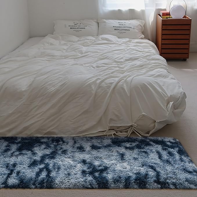 DweIke Fluffy Blue Grey Runner Rugs for Bedroom, 2x6 Feet Soft Plush Long Runners for Girls Boys Kids, Non-Slip and Machine Washable Bedside Rug, Small Throw Carpet for Hallway Rooms Decor