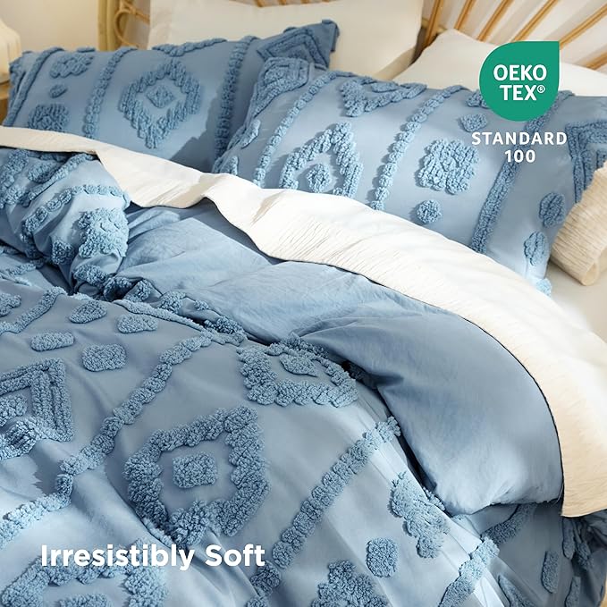 Bedsure Boho Duvet Cover Queen Size - Dusty Blue Tufted Boho Bedding, Farmhouse Shabby Chic Embroidery Bedding for All Seasons, 3 Pieces, 1 Soft Jacquard Queen Comforter Cover and 2 Pillow Shams