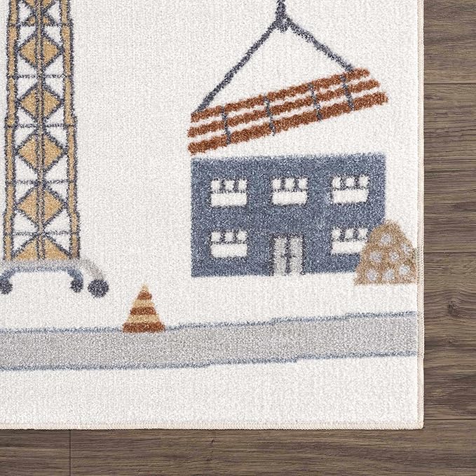 Hauteloom Olwen Kids Room, Nursery, Playroom Machine Washable Area Rug - Road, Construction Vehicles - Cream, Light Gray - 6'7" x 9'
