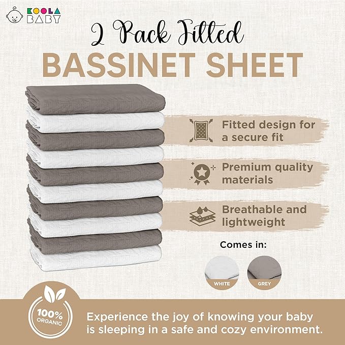 Crib Sheets 100% Organic Muslin Cotton Sheets for Boys & Girls, Fitted Sheets for Standard Crib & Toddler Mattress - Super Soft & Breathable for Cozy Comfort | White + Grey - 52"x28" (2 Pack)