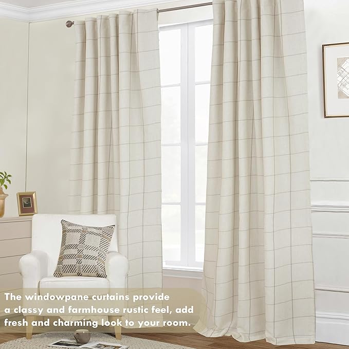 DriftAway 2 Panels 100% Blackout Windowpane Plaid Linen Curtains Double Layer Drapes for Bedroom 90 Inches Long Farmhouse Thermal Insulated 3.25 Inch Rod Pocket Back Tab for Living Room Taupe