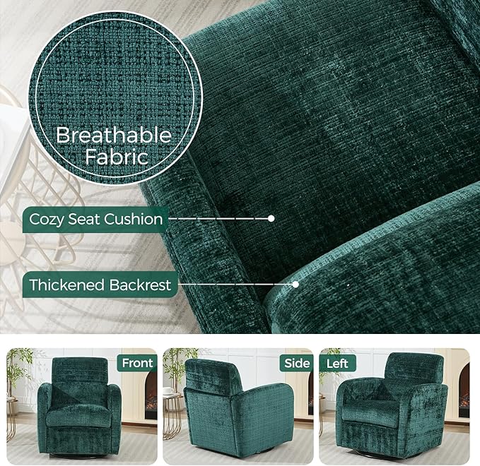 Swivel Glider Accent Chair for Living Room, Rocker Nursery Barrel Chair Armchair, Reading Chair for Adult, Comfy Upholstered Rocking Chair with 360 Degree Swiveling for Bedroom,Office, Green