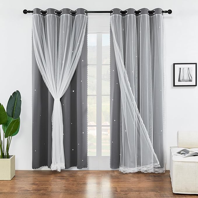 XiDi Star Curtains for Bedroom, Girls & Kids Room Decor, Unicorn & Blackout Curtains 84" Long 2 Panel Grey