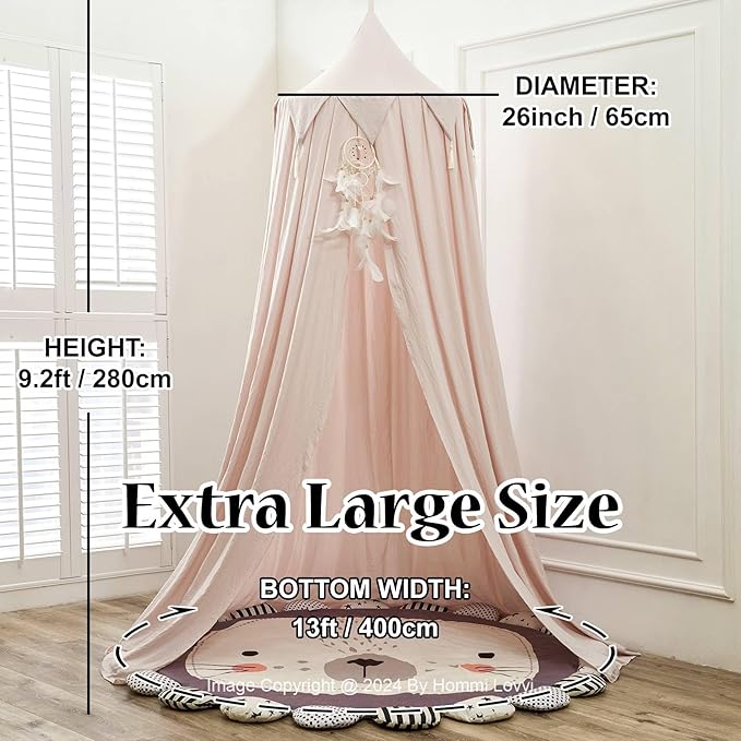 Princess Bed Canopy for Girls, Dreamy Tassels Ceiling Canopy Net Kids Room Decor Soft Nursery Crib Canopy Reading Nook, Large Children Canopies Full Queen Size with Lights - Light Pink