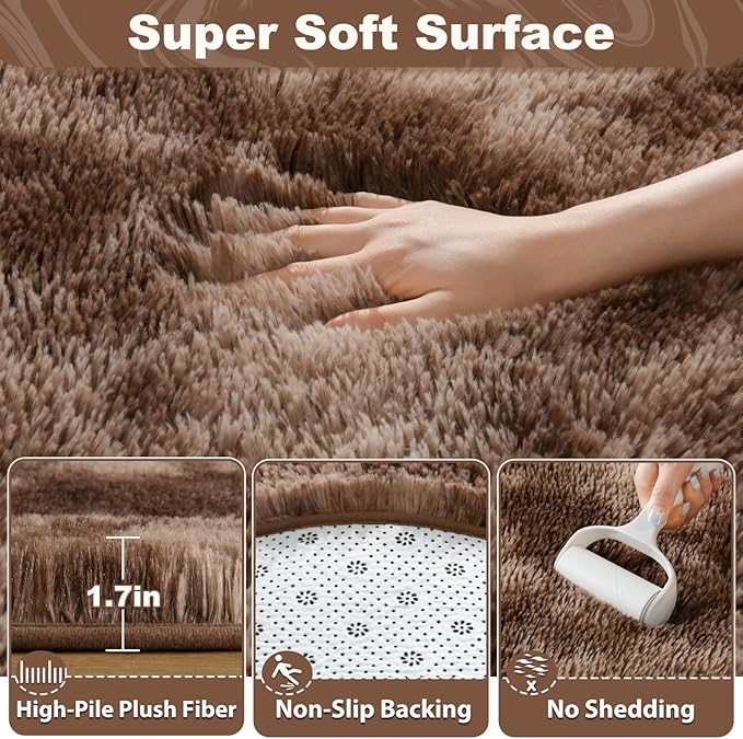 EVOIONOS Tie-Dyed Coffee Round Rug Living Room, 6x6 Ft Fluffy Soft Circle Area Rugs Bedroom, Plush Shaggy Circular Carpet Indoor Floor Bedside Kids Nursery, Machine-Washable Home Decor Aesthetic