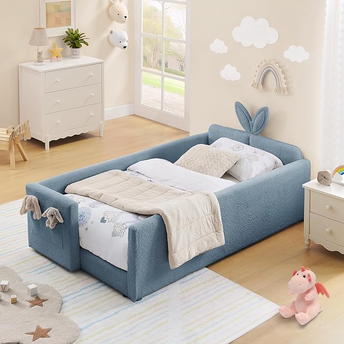 Twin Size Kids Bed with Rabbit Ear Headboard, Upholstered Boucle Fabric Twin Daybed with Slats Support & Side Pockets, Space-Saving Wooden Corner Sofa Couch Bed Frame, for Girls, Boys, Teenager(Blue)