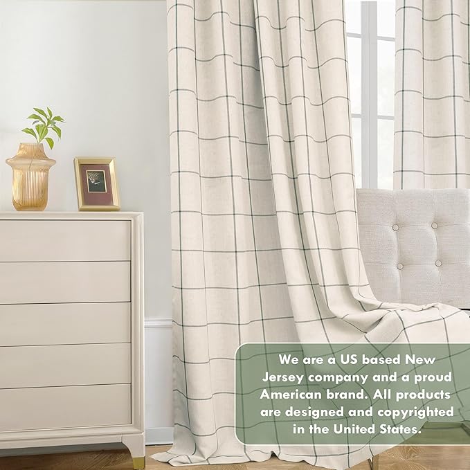 DriftAway 2 Panels 100% Blackout Windowpane Plaid Linen Curtains Double Layer Drapes for Bedroom 96 Inches Long Farmhouse Thermal Insulated 3.25 Inch Rod Pocket Back Tab for Living Room Loden Green