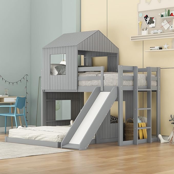MERITLINE House Bed Bunk Beds with Slide Twin Over Full Size Bunk Bed Frame with Slide,Wooden Playhouse - Design Slide Bunk Beds Twin Over Full Bunk for Boys and Girls