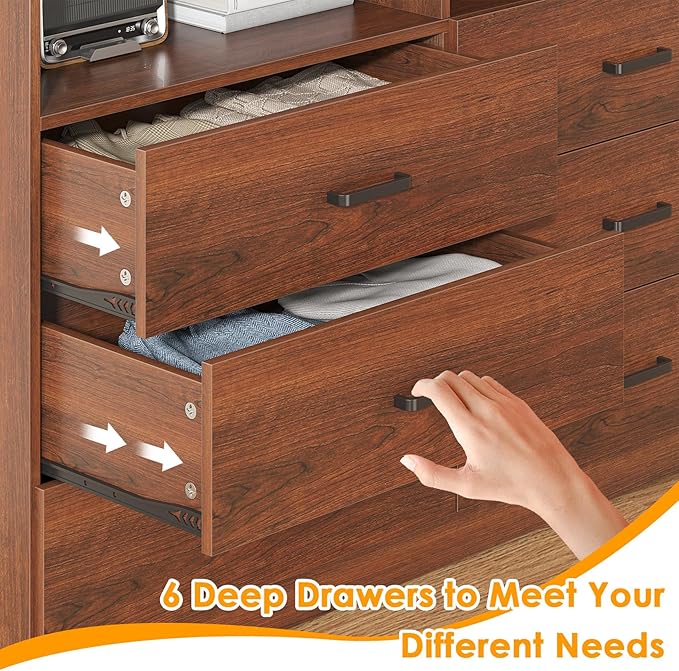 Bigbiglife 6 Drawers Dresser for Bedroom Wooden Drawer with Open Storage Cubby, Double Wide Dresser Organizer for Bedroom, Living Room, Entryway, Hallway (Walnut Brown)