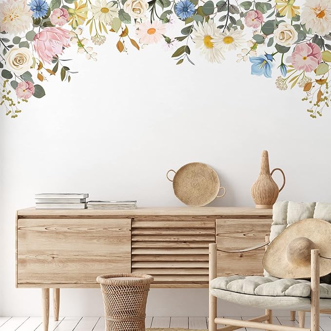 Zonon 6 Pcs Flowers Wall Decals Stickers Vinyl Removable Peel and Stick Colorful Dragonflies Floral Wall Murals Decor for Bedroom Living Room Nursery(Vintage)