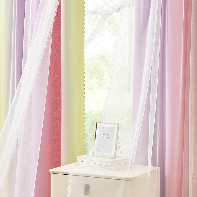 XiDi 100% Blackout Pink and Yellow Girls Curtains for Bedroom 63 Inches Long 2 Panels Nursery Curtains with Sheer Overlay Kids Princess Room Decor Soundproof Light Blokc Grommet Window Drapes 52Wx63L