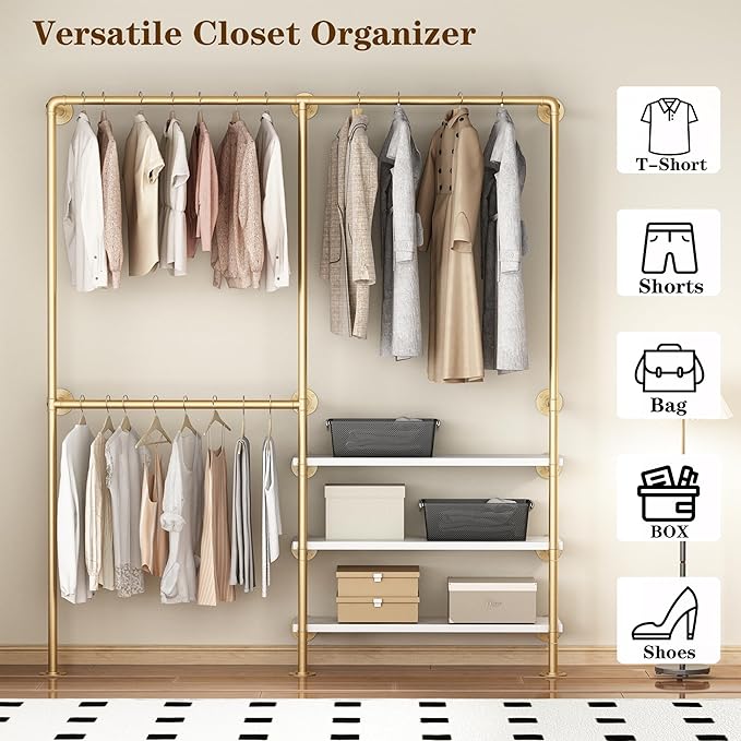 Industrial Pipe Clothing Rack, Gold Clothing Rack with Shelves, Wall Mounted Clothes Rack Heavy Duty Closet Organizers Wardrobe Multi-Purpose Storage Clothes Hanging Shelf - 70.8''L Gold