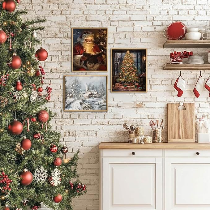 Vintage Christmas Santa Poster Set of 6, Santa Claus Pictures Wall Art Christmas Tree Wall Decor Painting Rustic Holiday Canvas Print Artwork for Living Room Farmhouse 8x10 inch Unframed