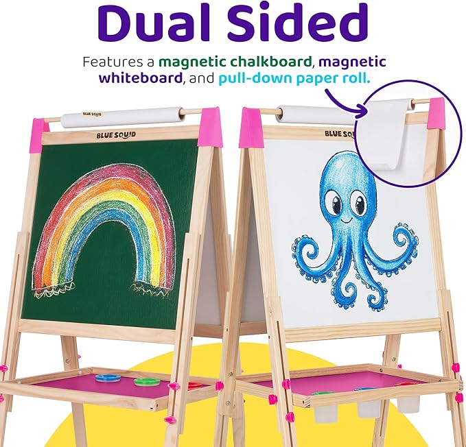 Blue Squid Art Easel for Kids with Paper Roll x 3, Includes 100+ Accessories, Double Sided Adjustable Wooden Painting Easel with Magnetic Chalk Board, White Board for Toddlers Ages 3,4,5,6,7,8,9,10,12