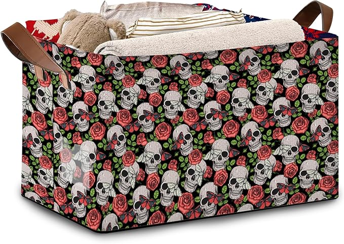 Skull Flower Pattern Collapsible Storage Bin-17x11.5x10.5 Inch Foldable Organizer for Halloween Decor, Gothic Room, Under Bed Storage-Single Pack