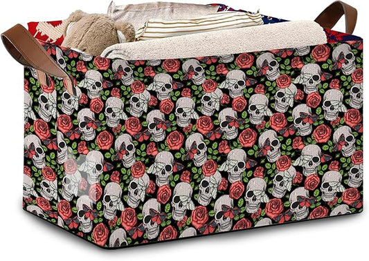 Skull Flower Pattern Collapsible Storage Bin-17x11.5x10.5 Inch Foldable Organizer for Halloween Decor, Gothic Room, Under Bed Storage-Single Pack