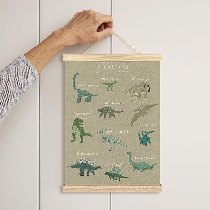 BCUANGD Dinosaur Dino Wall Decor - Beige Baby Toddler Boys Room Wall Art Poster Hanger with Wood Frames, Inspirational Wall Hanging Canvas Decor for Kids Room Nursery Bedroom, 12x16 Inches