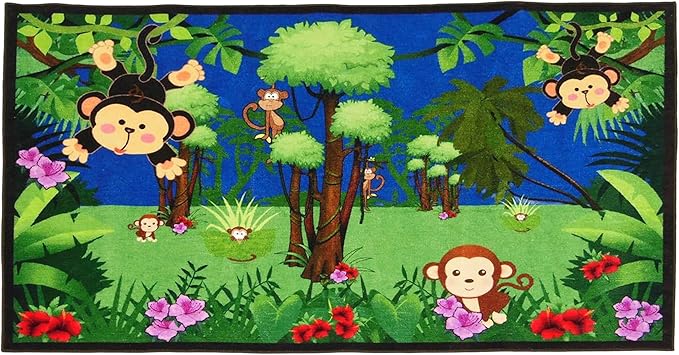 SAFECASTLE Kids Carpet Monkey Jungle Rug – Monkeying Around 4’4” x 5’6” – Educational Play Rug with Monkeys, Flowers & Trees – Fun Area Rug for Playrooms & Classrooms – Durable Nylon Seating Carpet