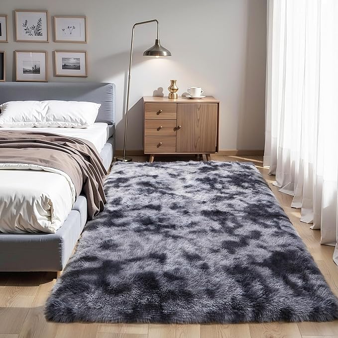Thick Area Rug Dark Grey 5x8 Fluffy Shag for Bedroom Living Room Soft Plush Washable Thickened Non-Slip Fuzzy Carpet for Kids Baby Nursery Cozy Shaggy Floor Rugs for Dorm, Tie-Dye Gray