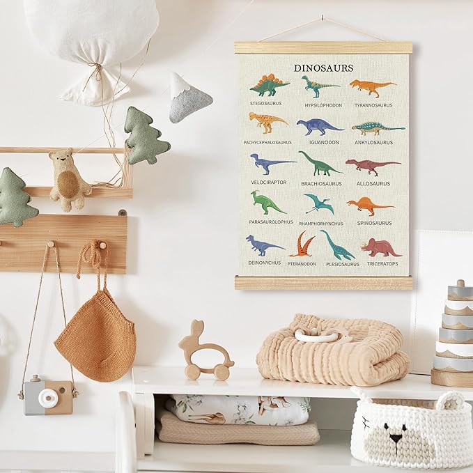 BCUANGD Dinosaur Dino Wall Decor - Baby Toddler Boys Room Wall Art Poster Hanger with Wood Frames, Inspirational Dino Wall Hanging Canvas Decor for Kids Room Playroom Nursery Bedroom, 12x16 Inches