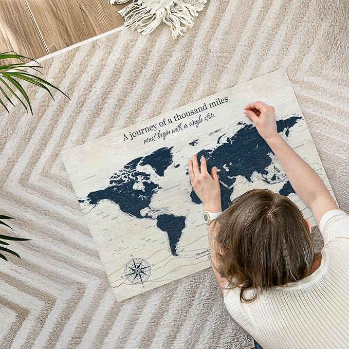 ElephantStock - A Journey I Push Pin World Map Wall Art - Horizontal Canvas Wall Art - Living Room Wall Decor - Digital Art Map Canvas Art - Blue And Beige Decor - 30" x 20"