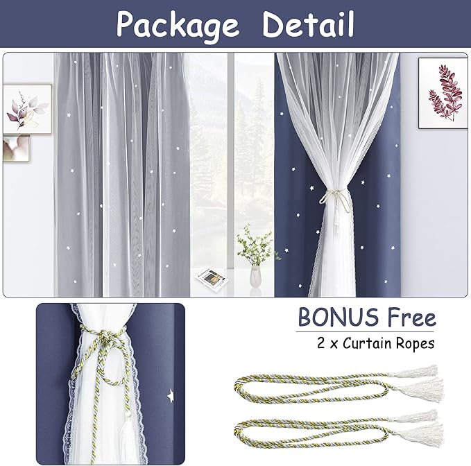 Kinryb Kids Blackout Curtains for Bedroom/Living Room/Classroom, Sheer Overlay 2 Free Tiebacks, Double Layer Curtains with Star Cutout for Kids Room(Each Piece W70xL95 Inches 2 Pcs Stone Blue)