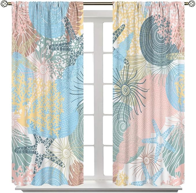 Nautical Blackout Curtain Beach Theme Starfish Seashell Nautical Rustic Ocean Sea Vintage Retro Coastal Summer Bedroom Set 2 Panels,72x63 Inches