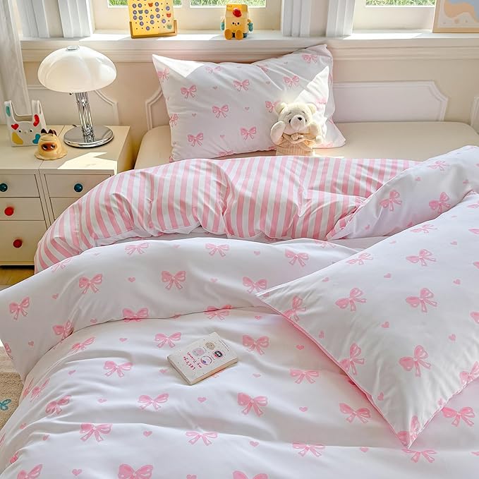 Heart Duvet Cover King Size Pink Bow Bedding Set Girls Kawaii Love Heart Printed Comforter Cover 3 Pieces Ultra Soft Washed Microfiber with Zipper Closure