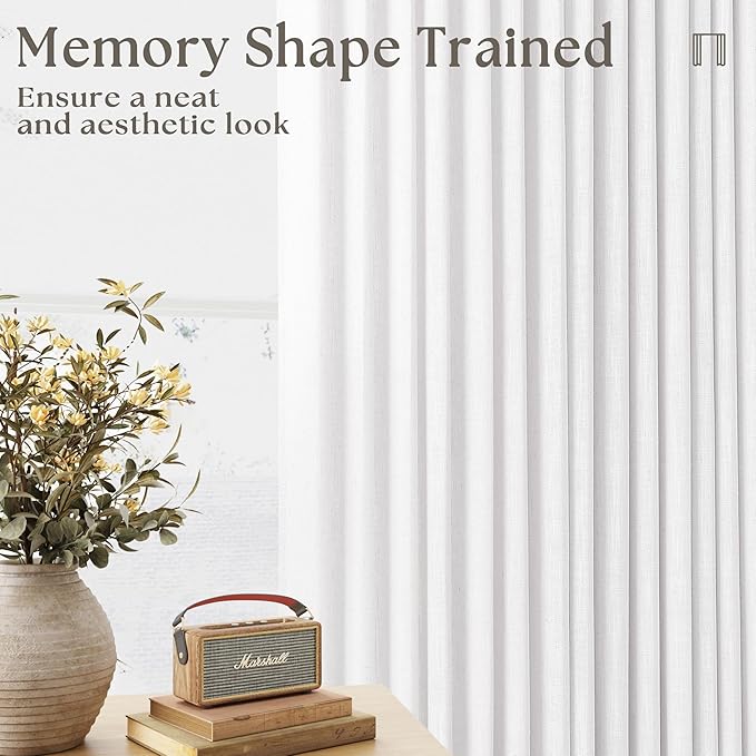 White Linen Pinch Pleated Curtains 84 Inches Long 2 Panels for Living Room Bedroom Snow White Textured Linen Pleated Hooks Rings Back Tab Elegant Luxury Light Filtering Curtain Drapes 84 Inch Length