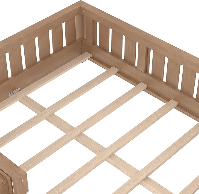 Bellemave Full Size Floor Bed with high Rails and with Built-in Bookshelf for Kids, Girls, Boys, Wood Montessori Floor Bed Without Door, Natural