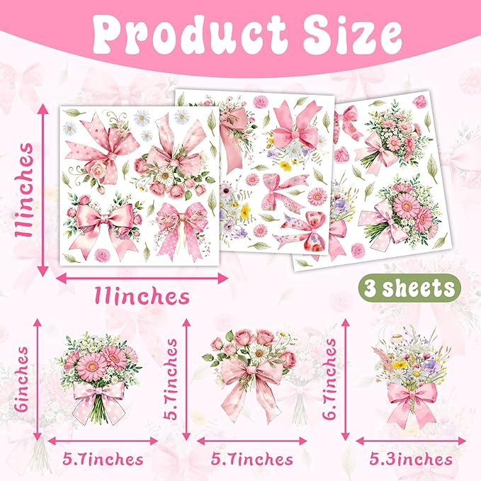 Bow Floral Window Cling Pink Bowknot Bouquet Window Stickers Watercolor Floral Flower Window Wall Decals Peel and Stick Coquette Ribbon Bow Wall Stickers for Girls Room Bedroom Nursery Decor