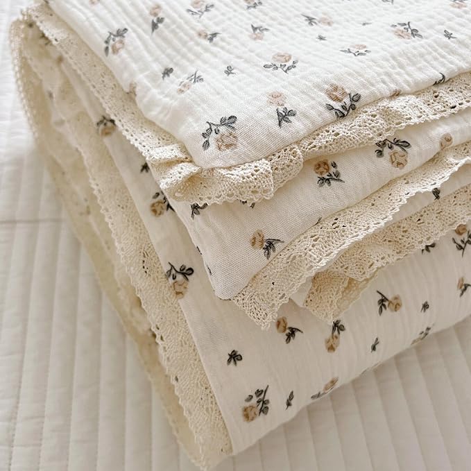 BuLuTu Muslin Cotton Kids Bed Blankets Rose Floral Pattern, 60x78 Inches, Lightweight Children Comforter Toddler Girls Quilts for Twin Bed, Soft Breathable, Machine Washable