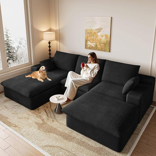 107" Cloud Modular Sectional Sofa with 1 Ottoman, Modern Upholstered Corduroy Couches, Comfort U Shaped Sofa for Living Room, Deep Seat Boneless Couch, No Assembly Required(Black,Left Facing Chaise)