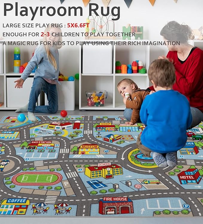 Kids Rug 6'6" x 5'0" City Life Playmat Area Rug Car City Map Washable Traffic Road Educational Learning Nursery Rug Carpet for Children Playroom Living Room Bedroom Classroom Decor Blue