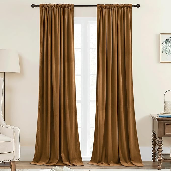 StangH Gold Brown Curtains for Bedroom Luxury Soft Velvet Room Darkening Thermal Insulated Drapes for Living Room Privacy Doorway Sliding Door Panels, W42 x L90, 2 Panels