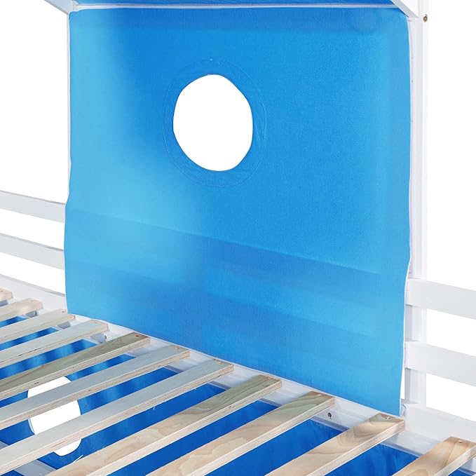 Playhouse Design Full Size Low Loft Bed with Slide & Tent and Tower, Solid Wood Tent Bed Frame for Kids Boys Girls, Versatile Spacious Under Bed Space with Curtains (Blue-TE)